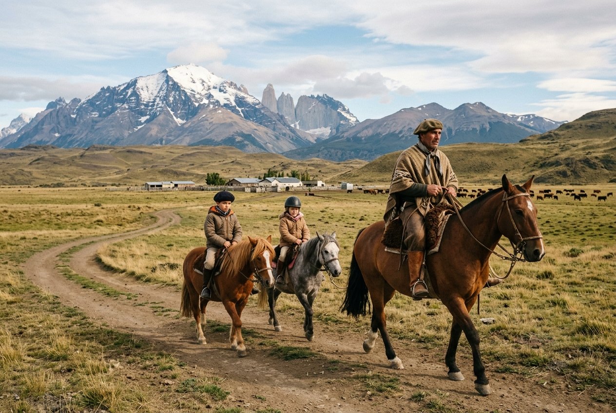 Enfants à cheval accompagnés d un gaucho dans une estancia