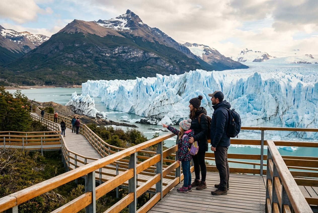 Famille sur les passerelles face au glacier Perito Moreno