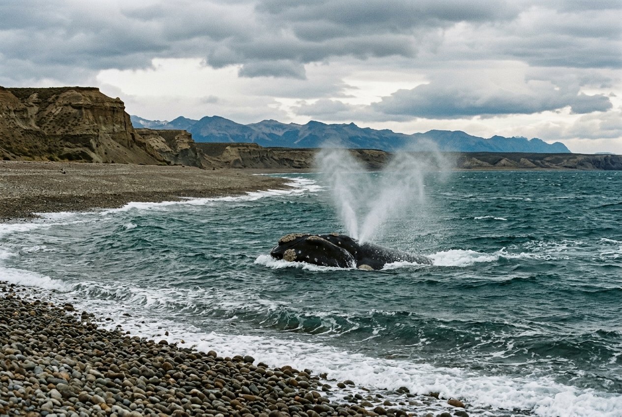 Souffle d une baleine franche australe au large d une plage de galets, ciel gris de Patagonie