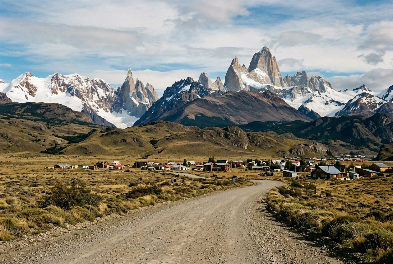 Arrivée à El Chaltén par la RP23, le village au pied du massif du Fitz Roy